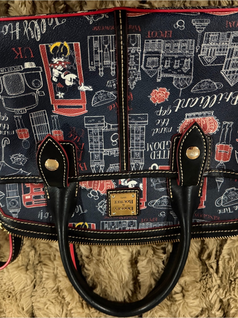 Dooney & Bourke Navy London Print Satchel with Red Accents - Picture 4 of 6